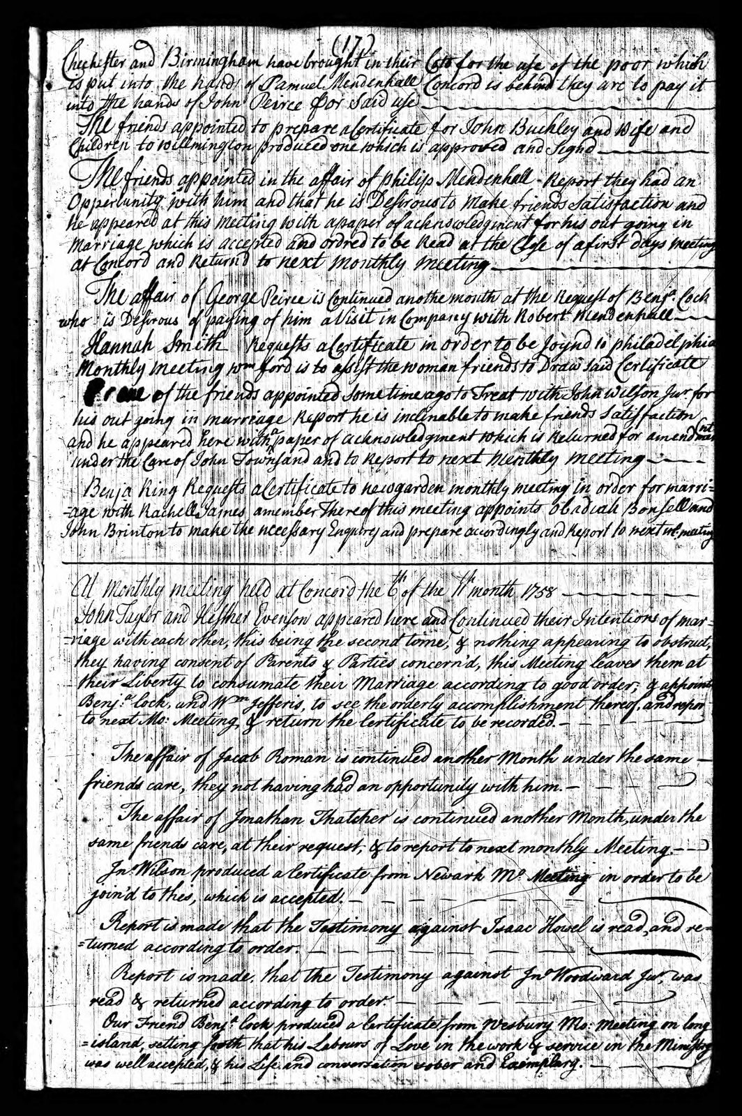 Concord Monthly Meeting men's minutes, page 17, 11th month 1758