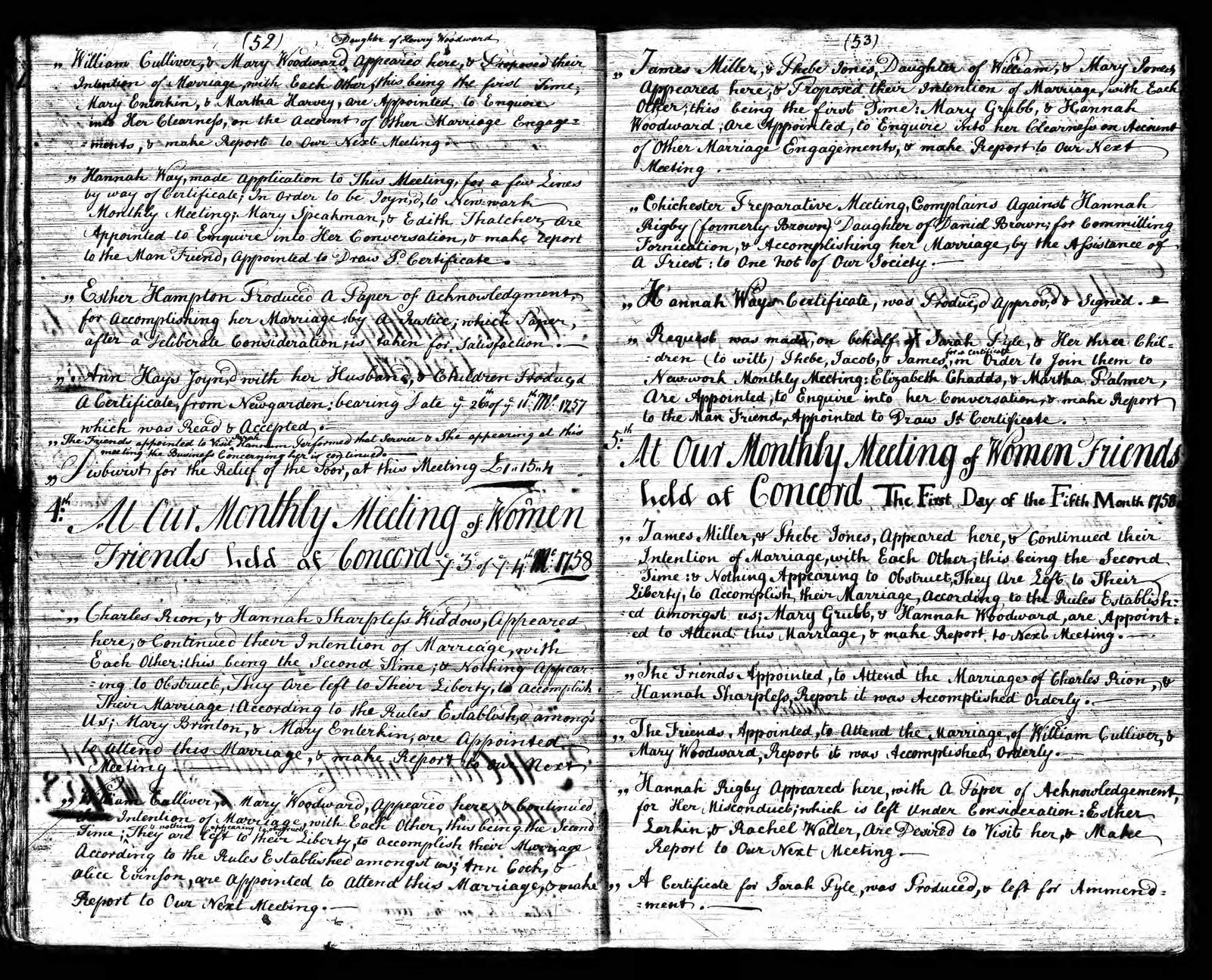 Concord Monthly Meeting women's minutes, pages 52-53, 1758