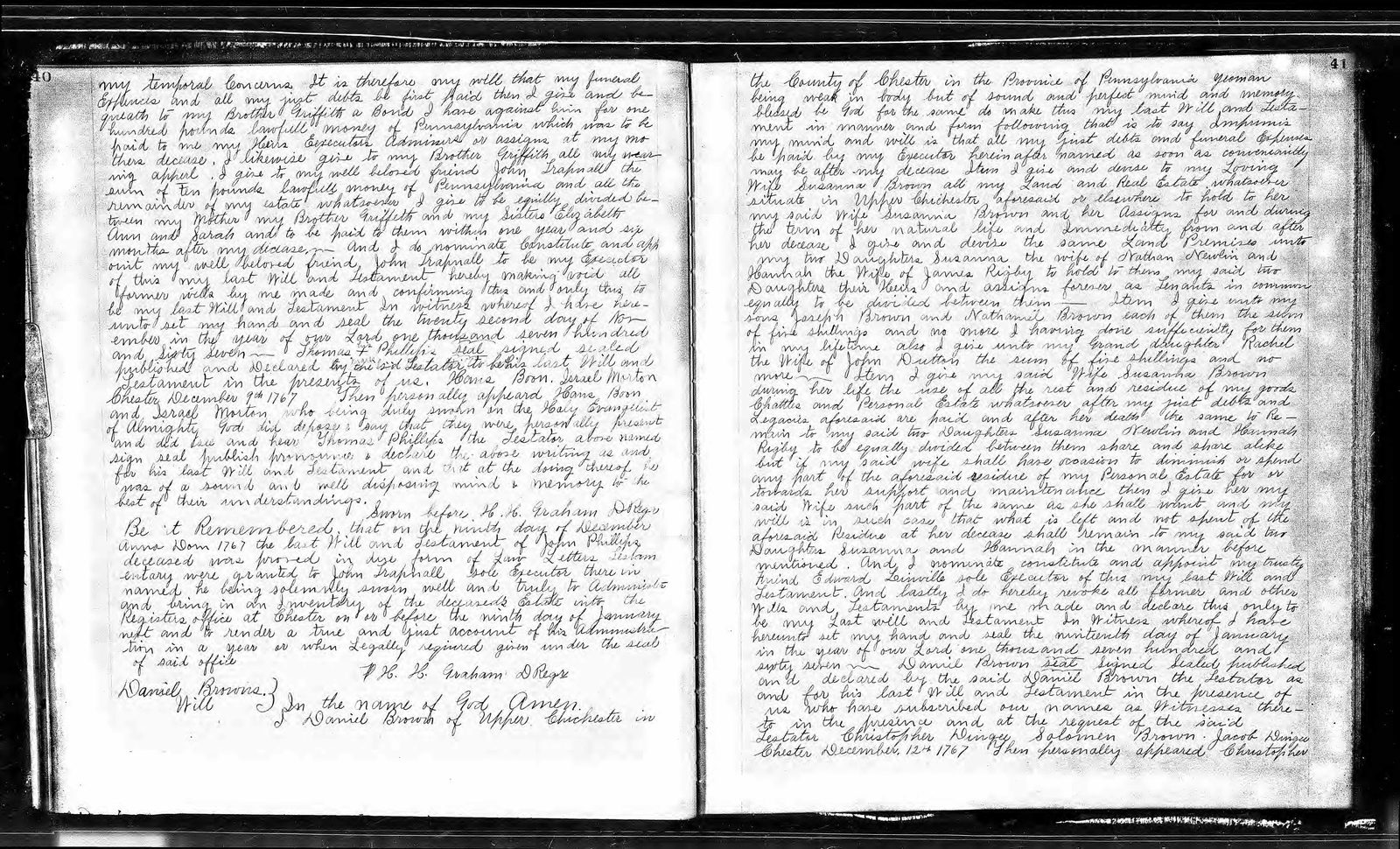 Chester County will book, pages 40-41: the 1767 will of Daniel Brown
