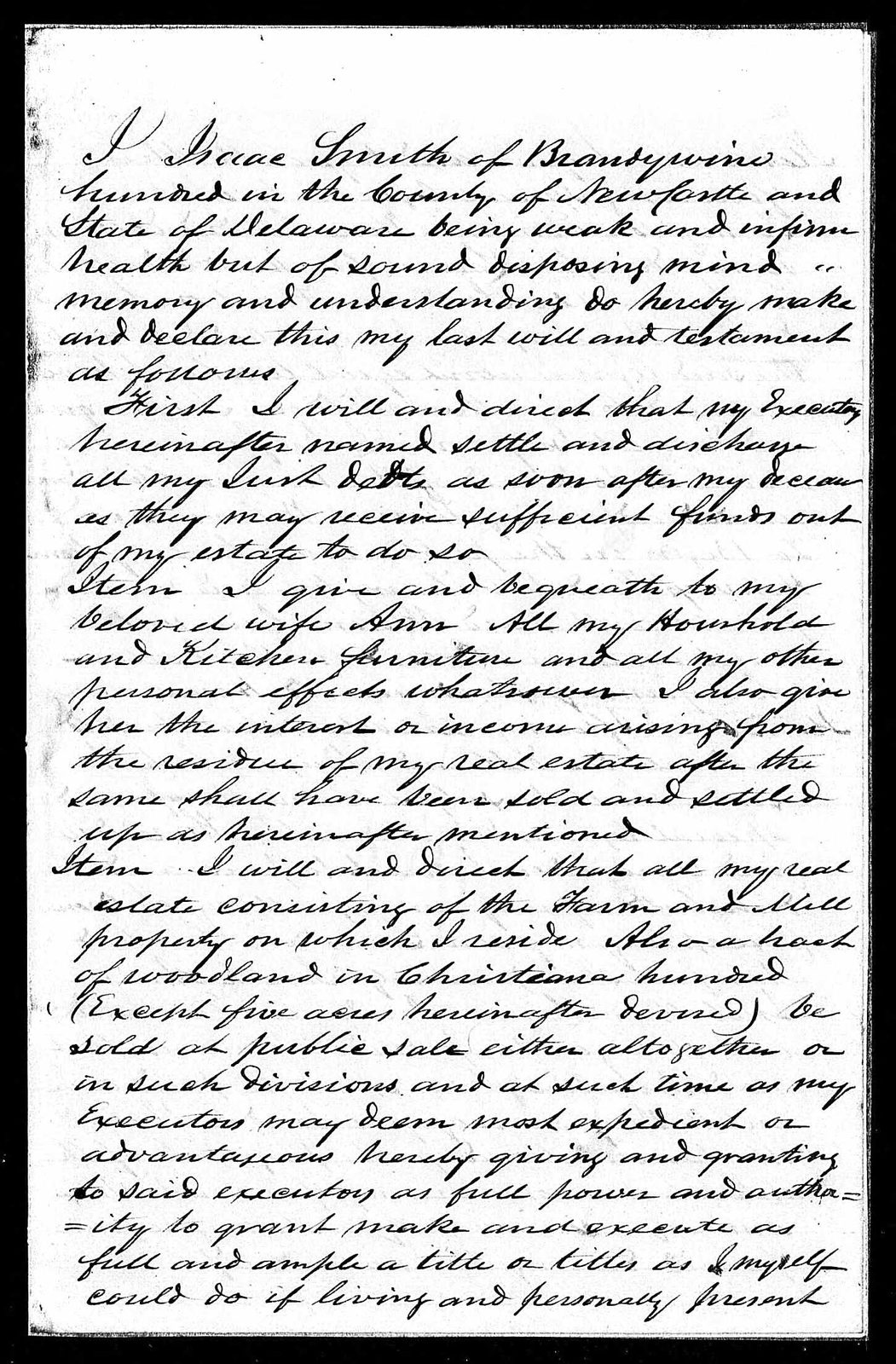 Isaac Smith's will, first page, 1856
