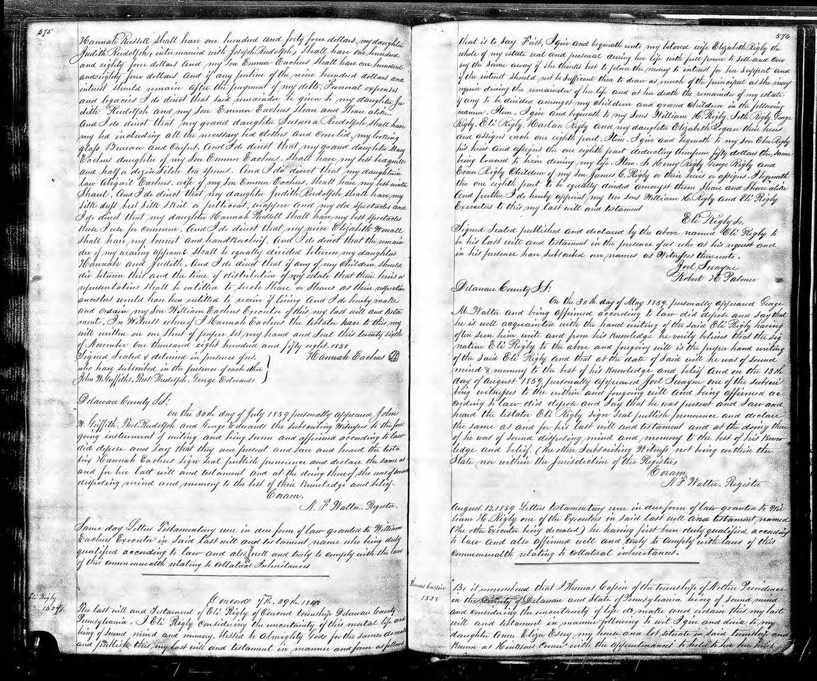 Delaware County will book, pages 575-576: the will of Eli Rigby Sr. with its probate