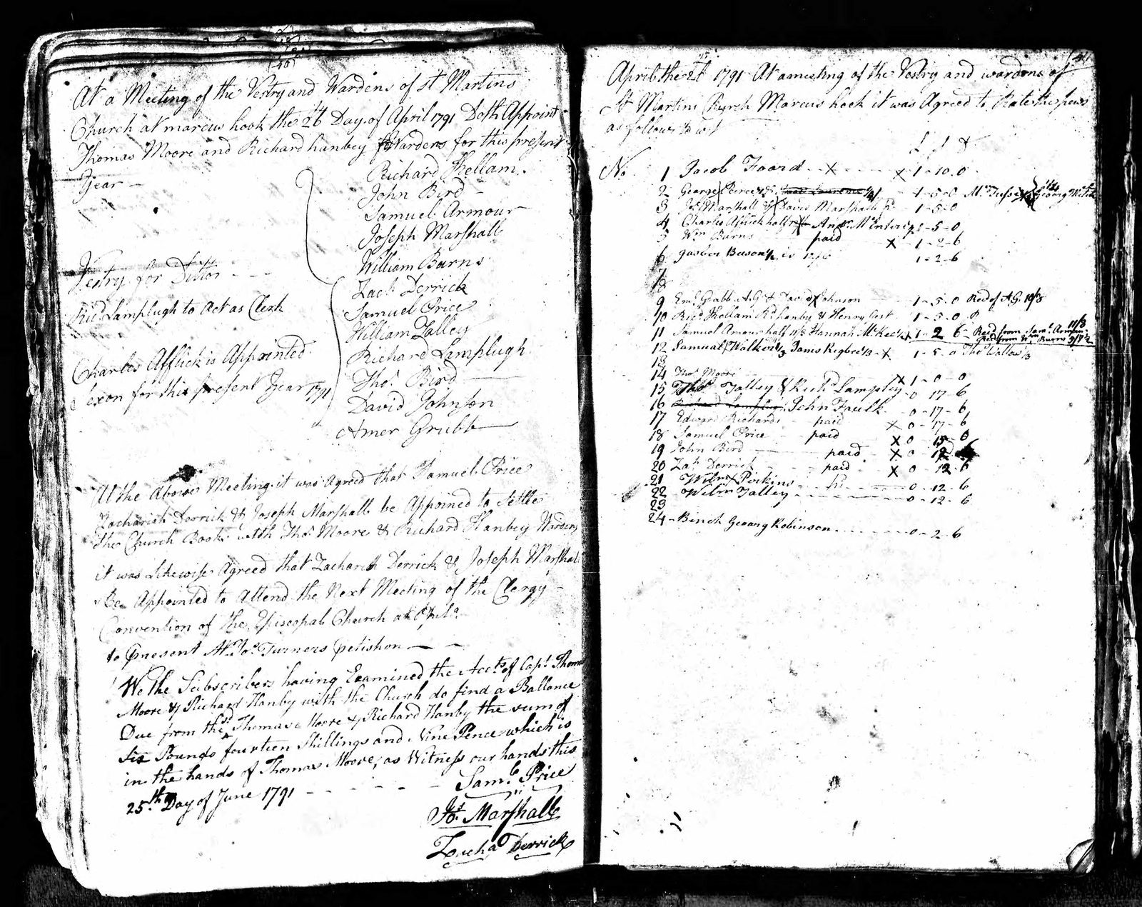 Vestry minute of 26 April 1791 naming Rich Lamplugh clerk, with the pew rating below