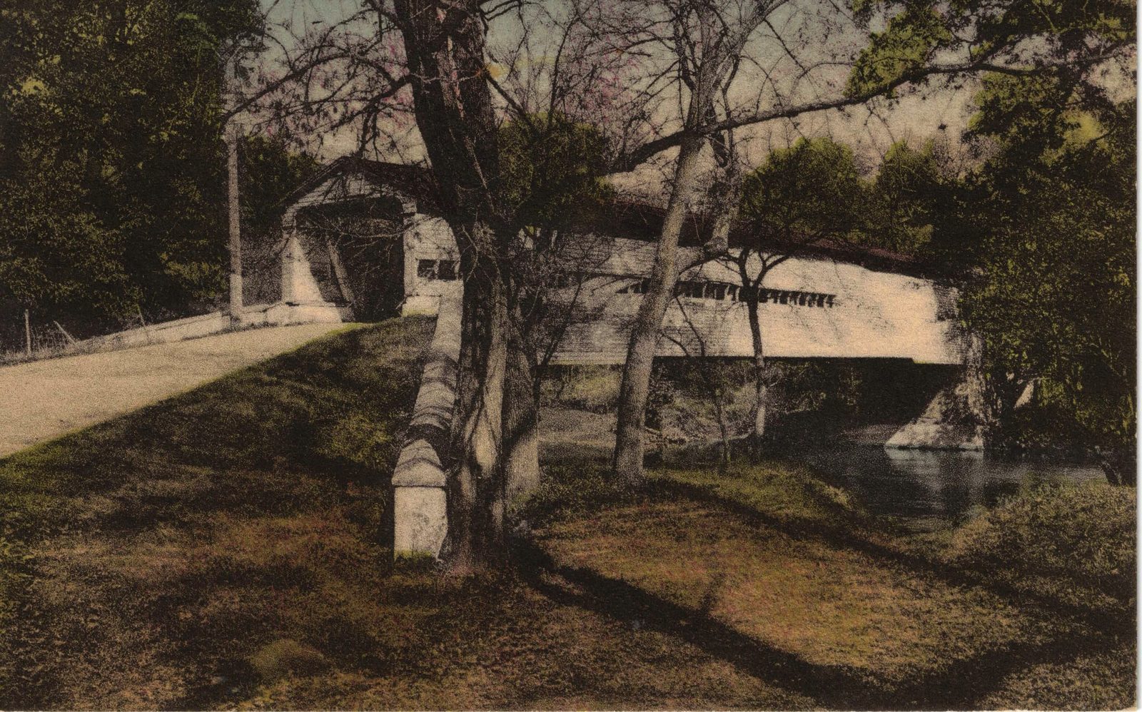 Hand-colored postcard of Smith's covered bridge, 1951
